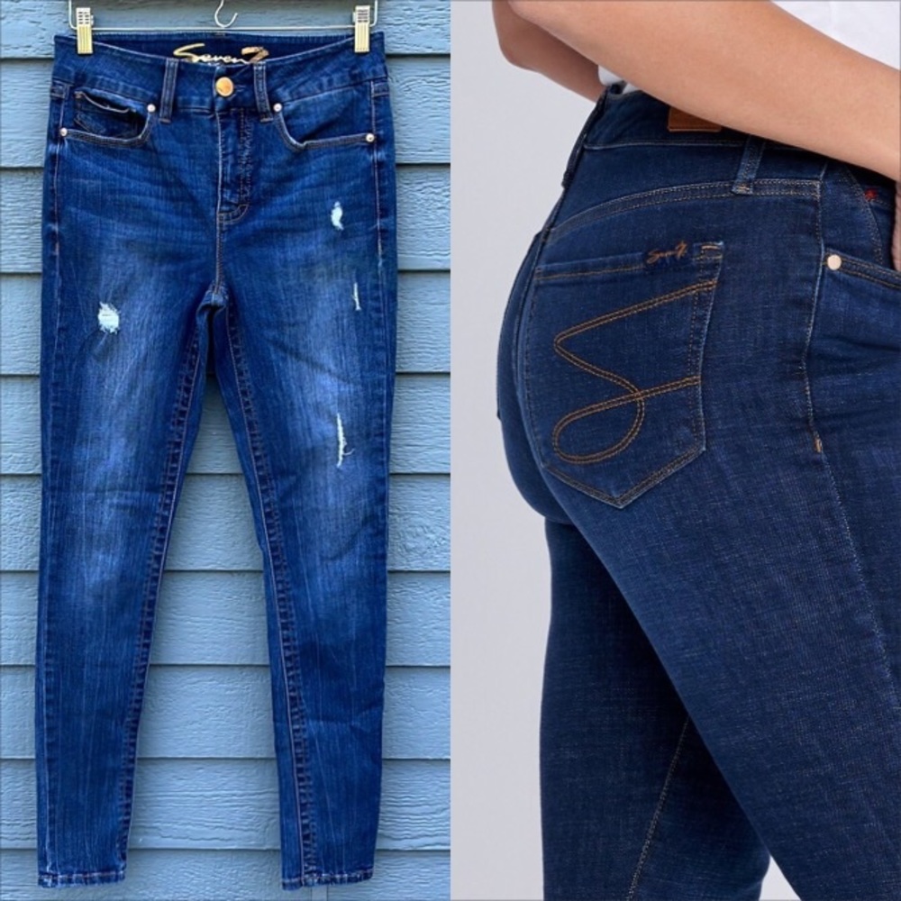 Seven7 Women's Skinny Jeans - Deep Indigo with Light Distress